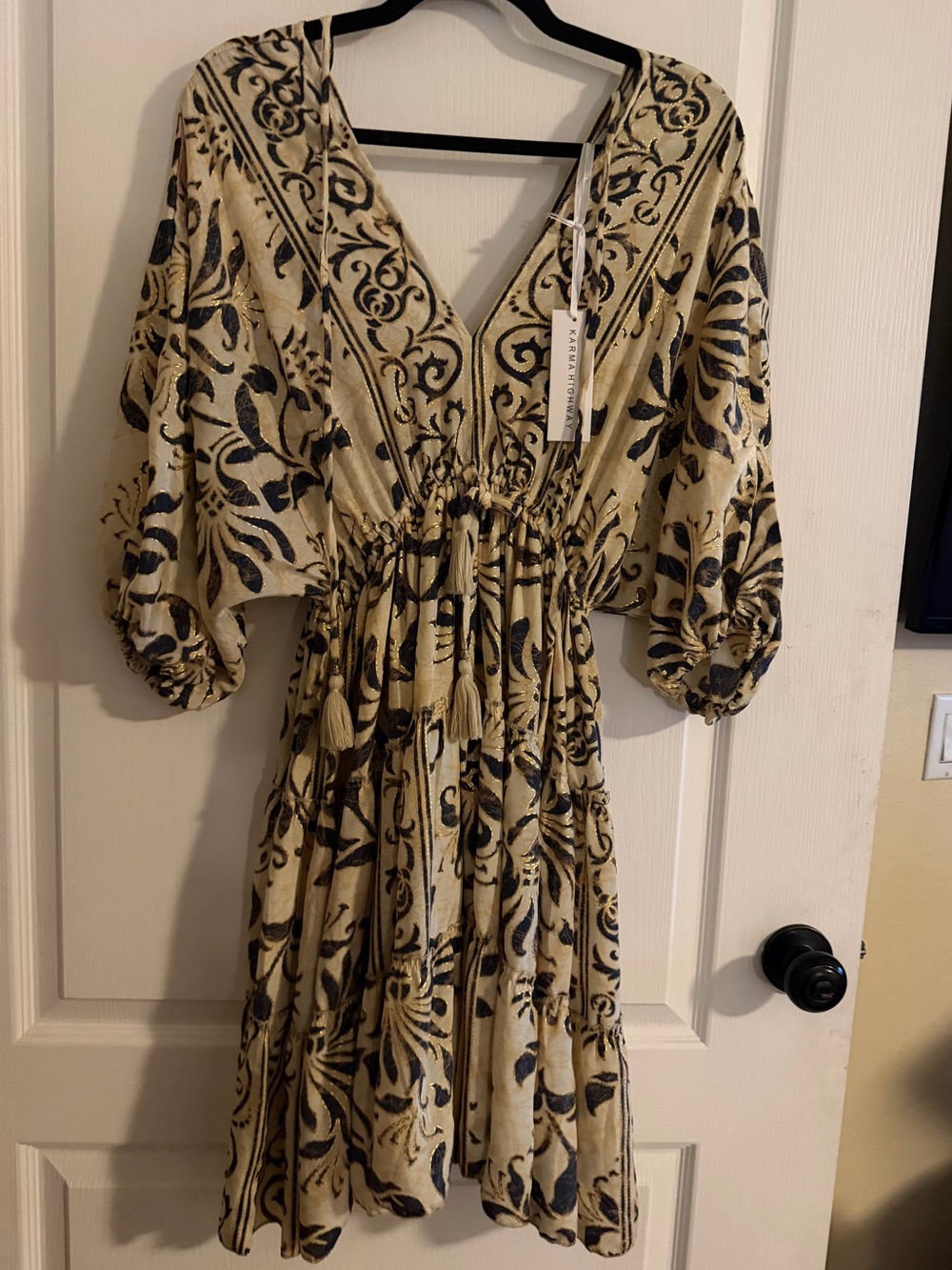 NWT Karma Highway Cream Blue Gold Metallic Double Deep V Tassel Dress in Viscose